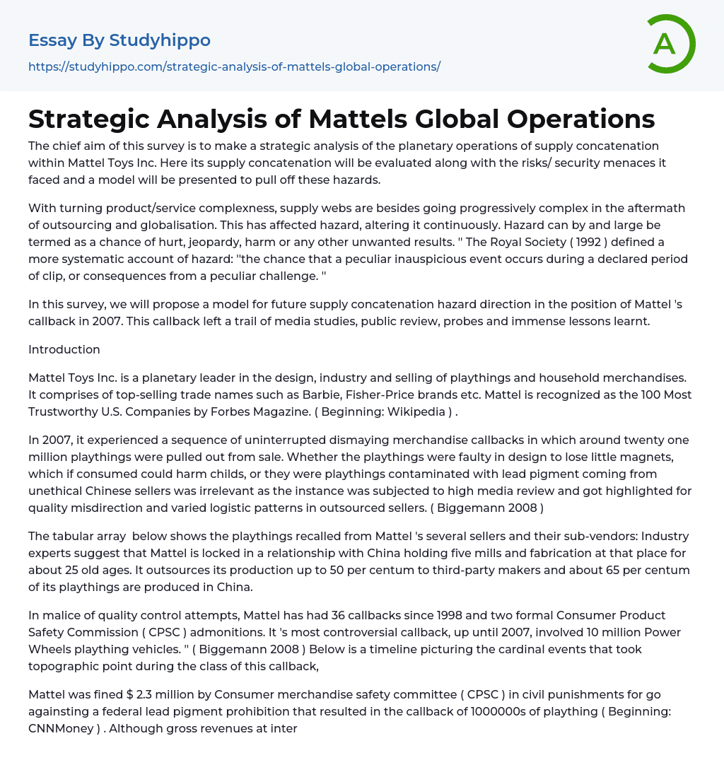 Strategic Analysis of Mattels Global Operations Essay Example