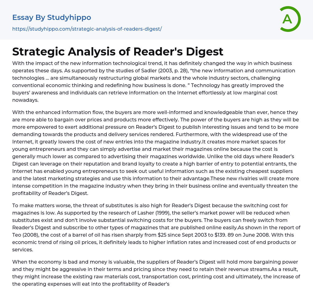 Strategic Analysis of Reader’s Digest Essay Example
