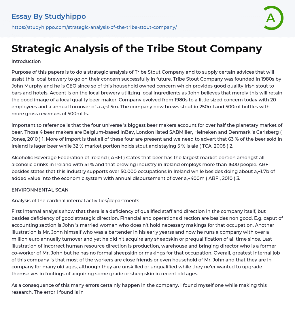 Strategic Analysis of the Tribe Stout Company Essay Example