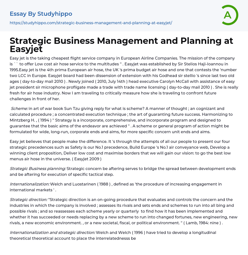 Strategic Business Management and Planning at Easyjet Essay Example