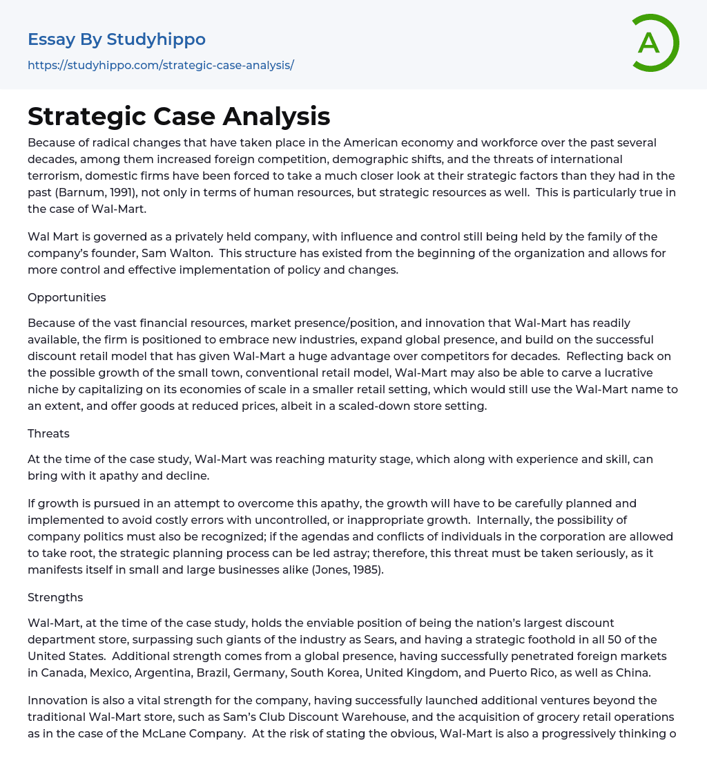 Strategic Case Analysis Essay Example