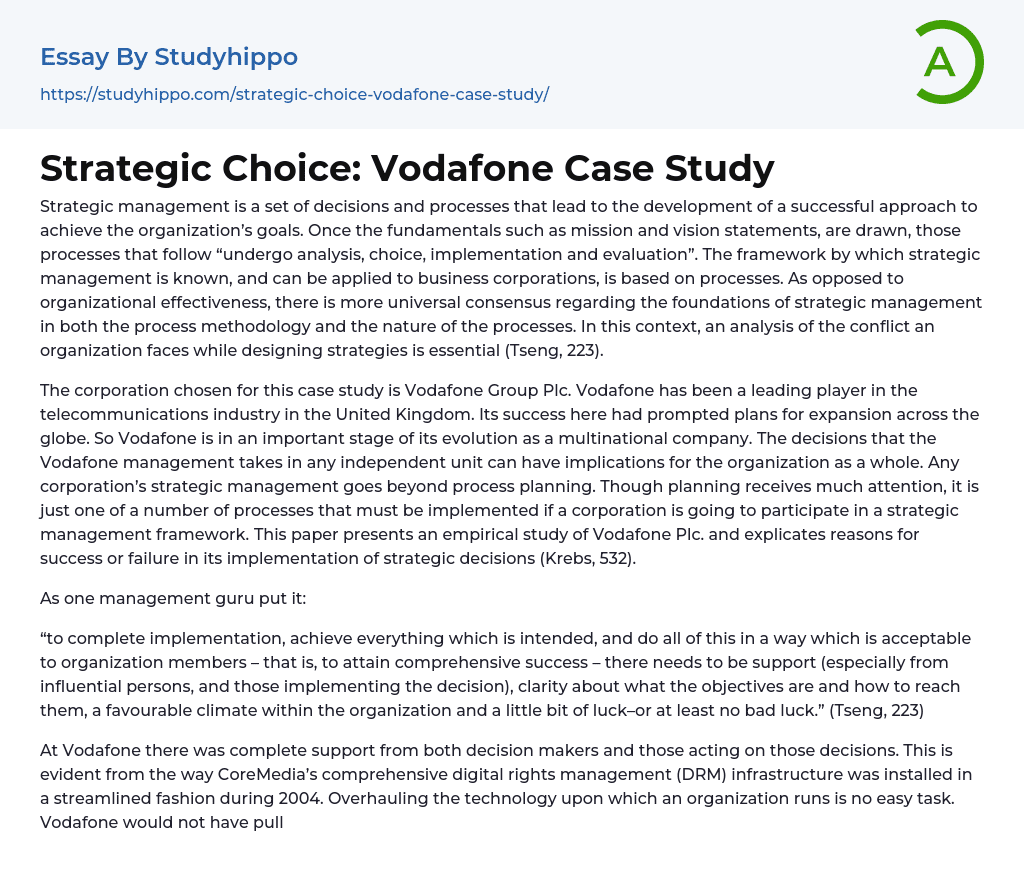 Strategic Choice: Vodafone Case Study Essay Example
