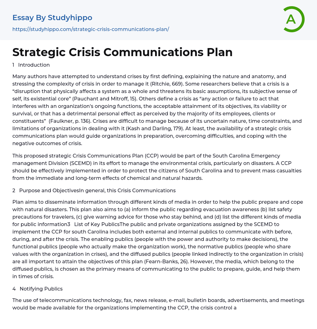 Strategic Crisis Communications Plan Essay Example