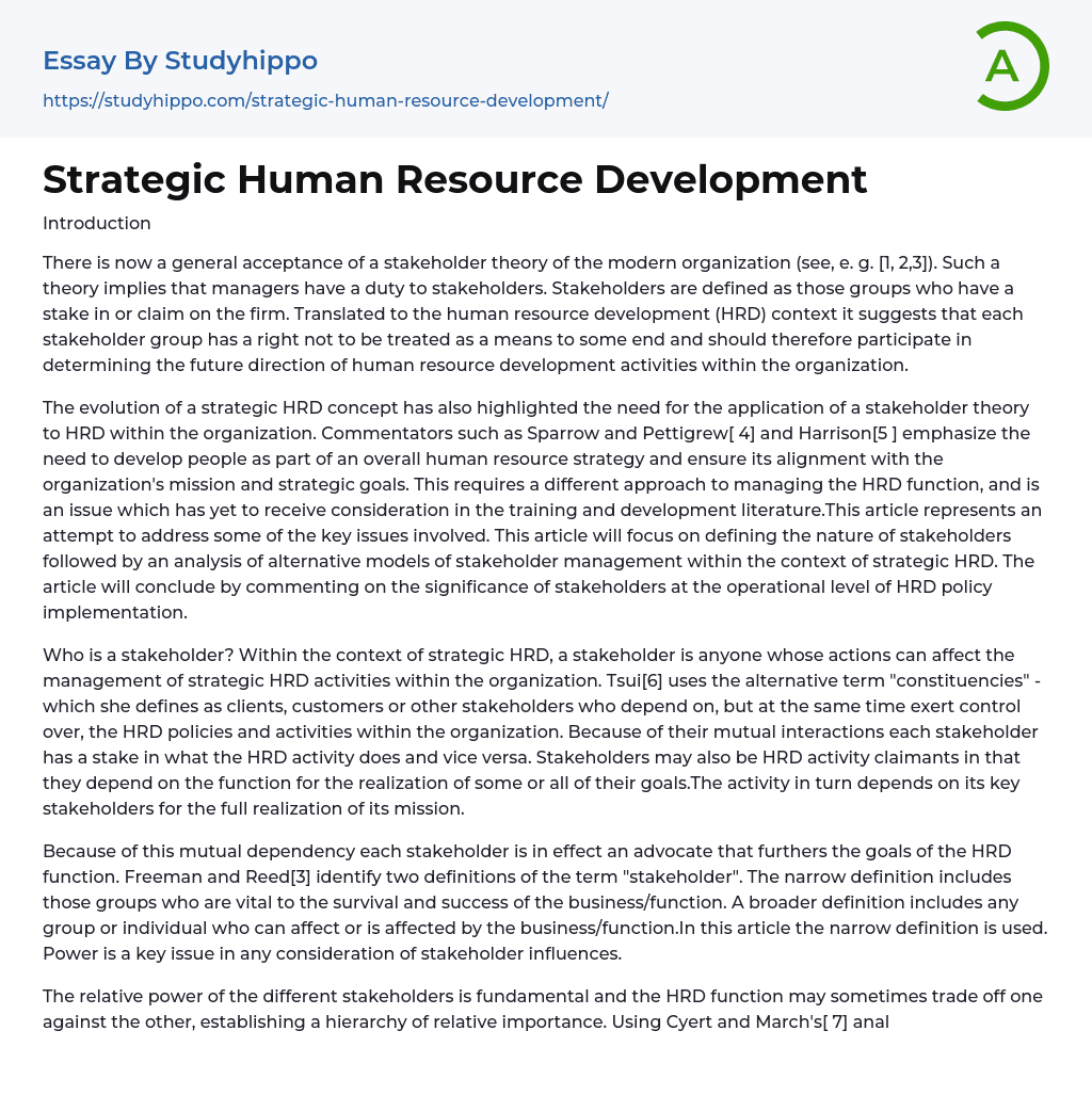 Strategic Human Resource Development Essay Example