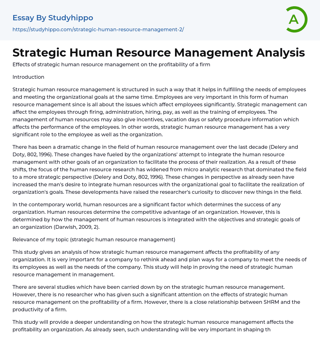 Strategic Human Resource Management Analysis Essay Example