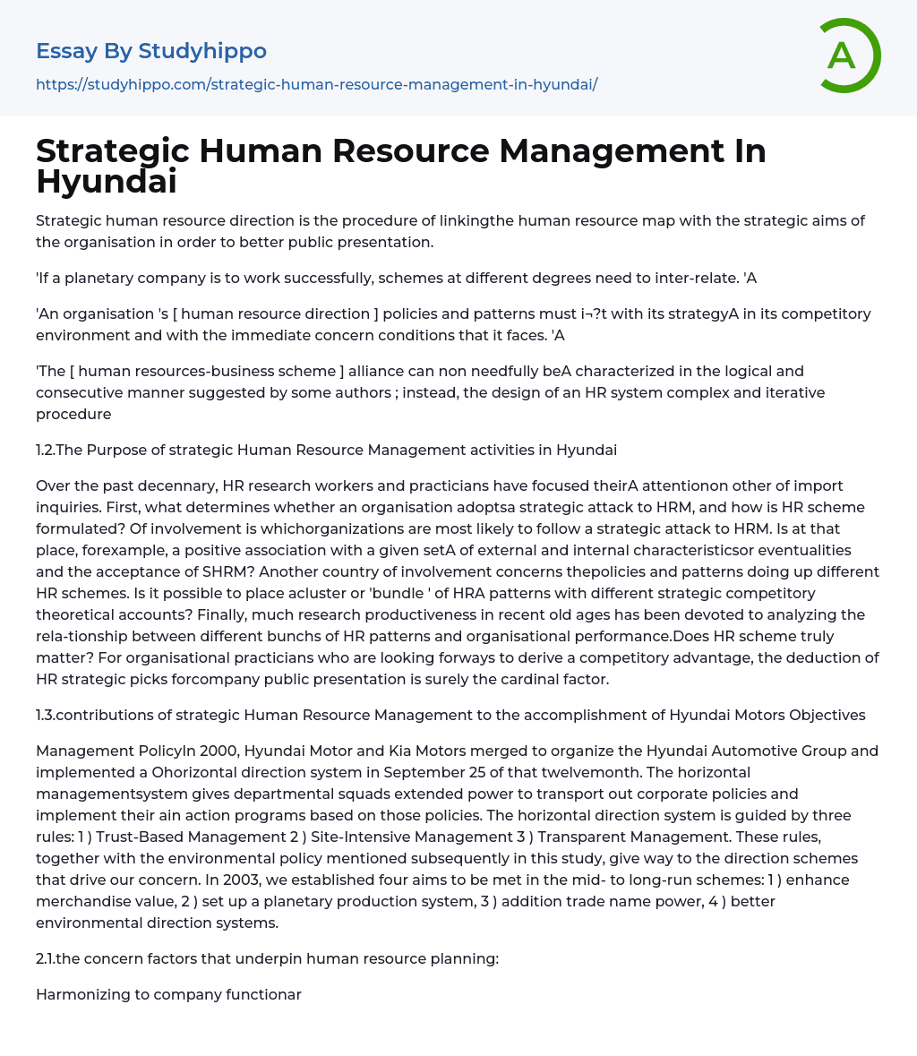 Strategic Human Resource Management In Hyundai Essay Example
