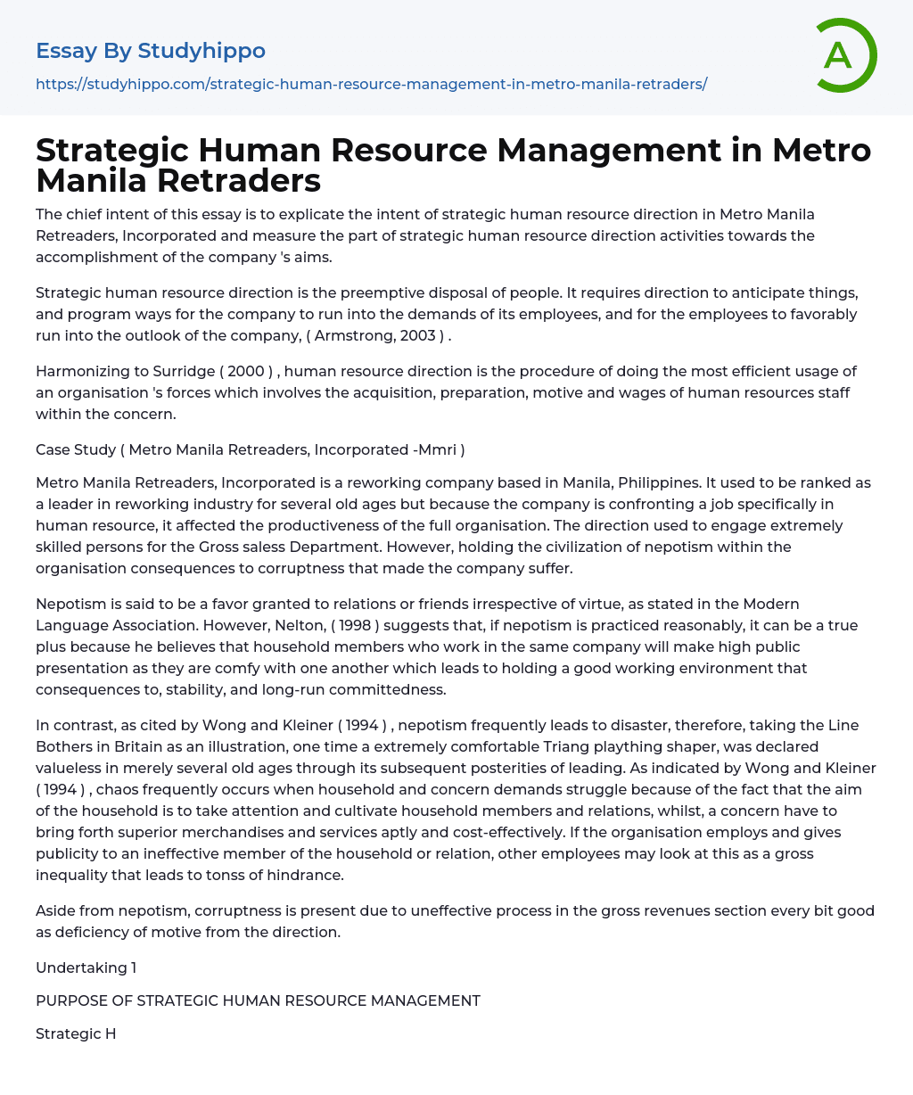 Strategic Human Resource Management in Metro Manila Retraders Essay Example