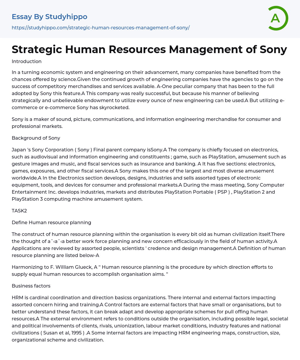 Strategic Human Resources Management of Sony Essay Example