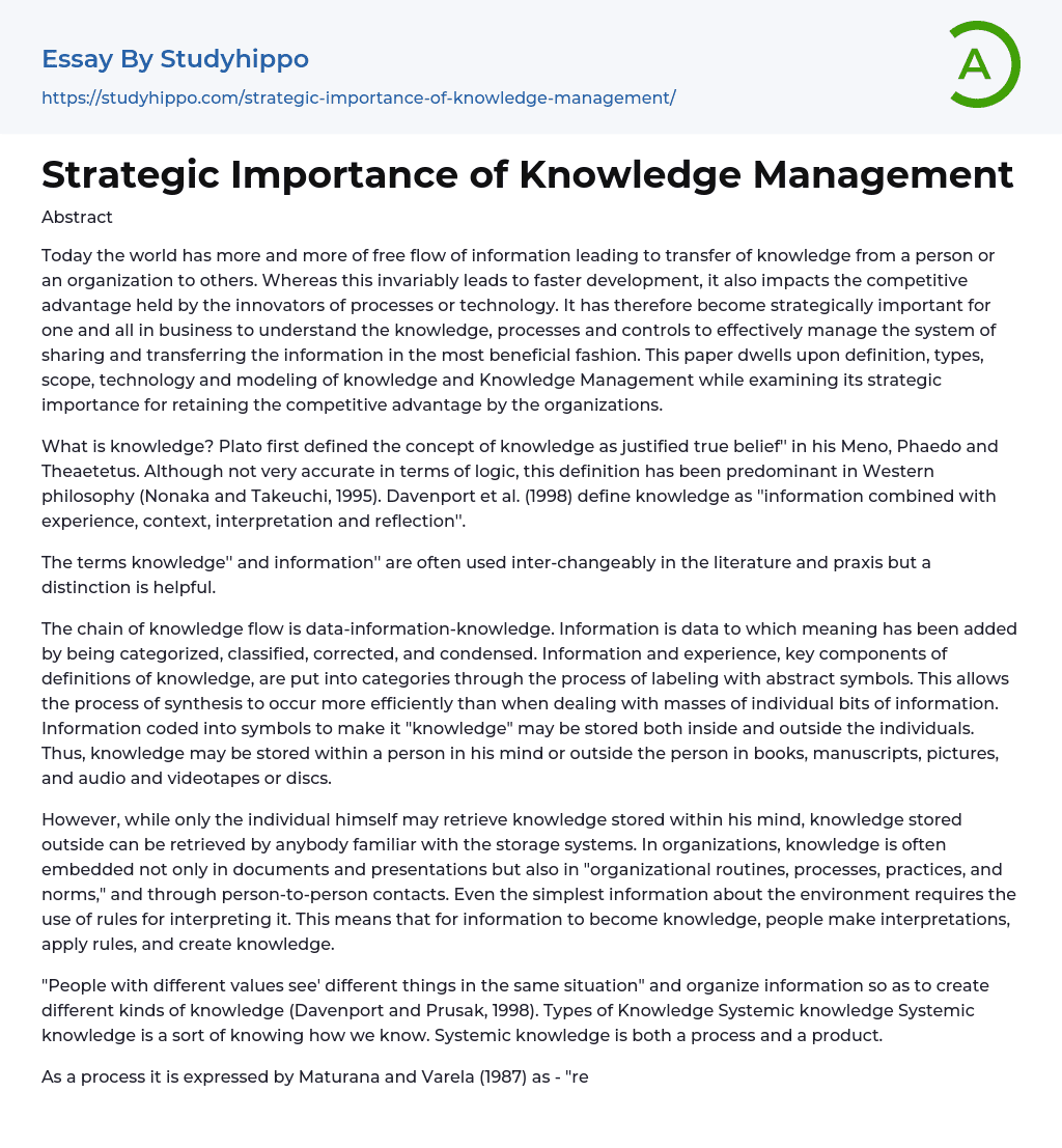 definition of knowledge management essay