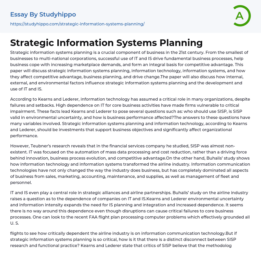 Strategic Information Systems Planning Essay Example