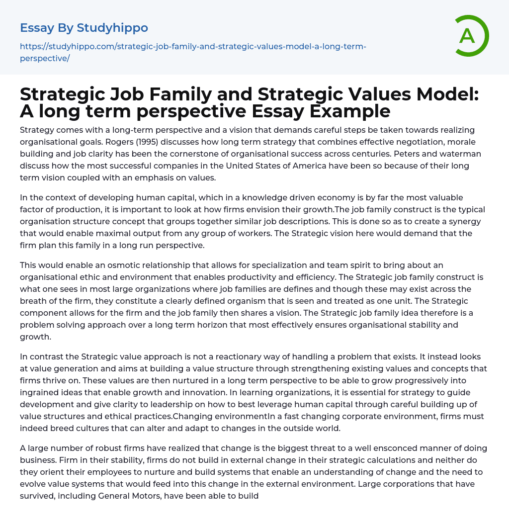 Strategic Job Family and Strategic Values Model: A long term perspective Essay Example