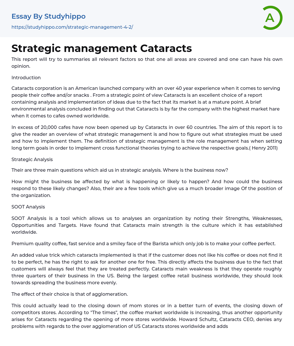 Strategic management Cataracts Essay Example
