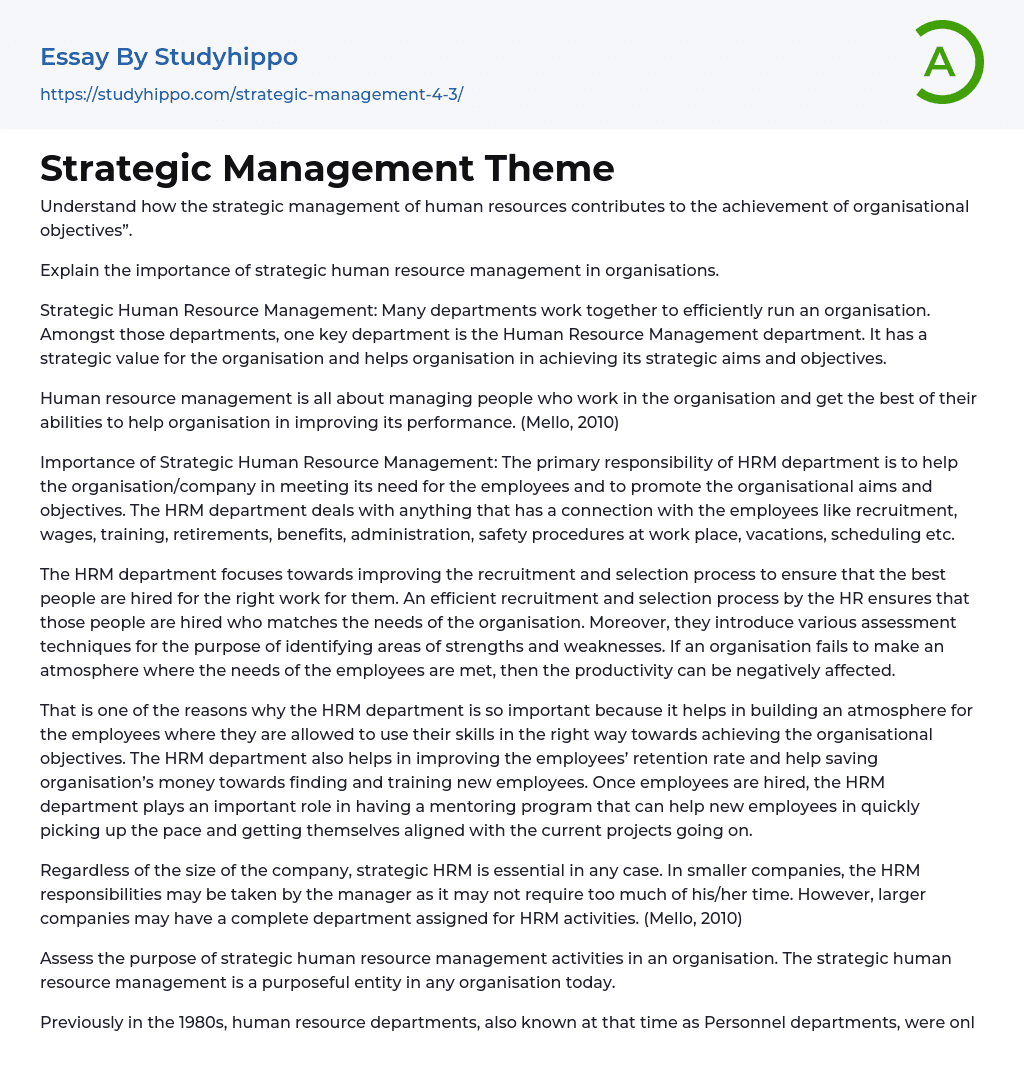 Strategic Management Theme Essay Example