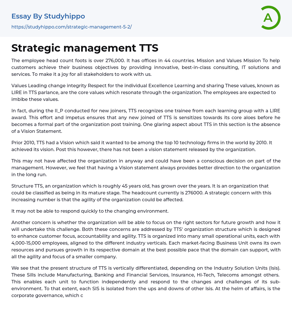 Strategic management TTS Essay Example