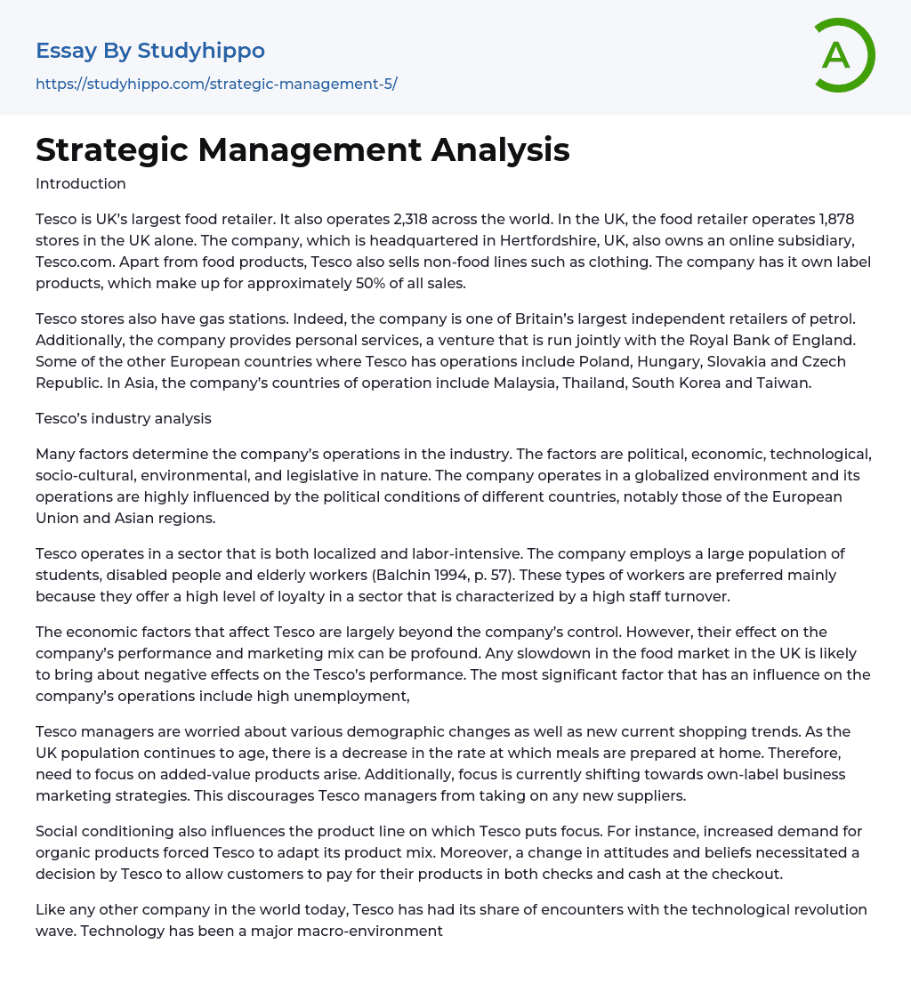 Strategic Management Analysis Essay Example