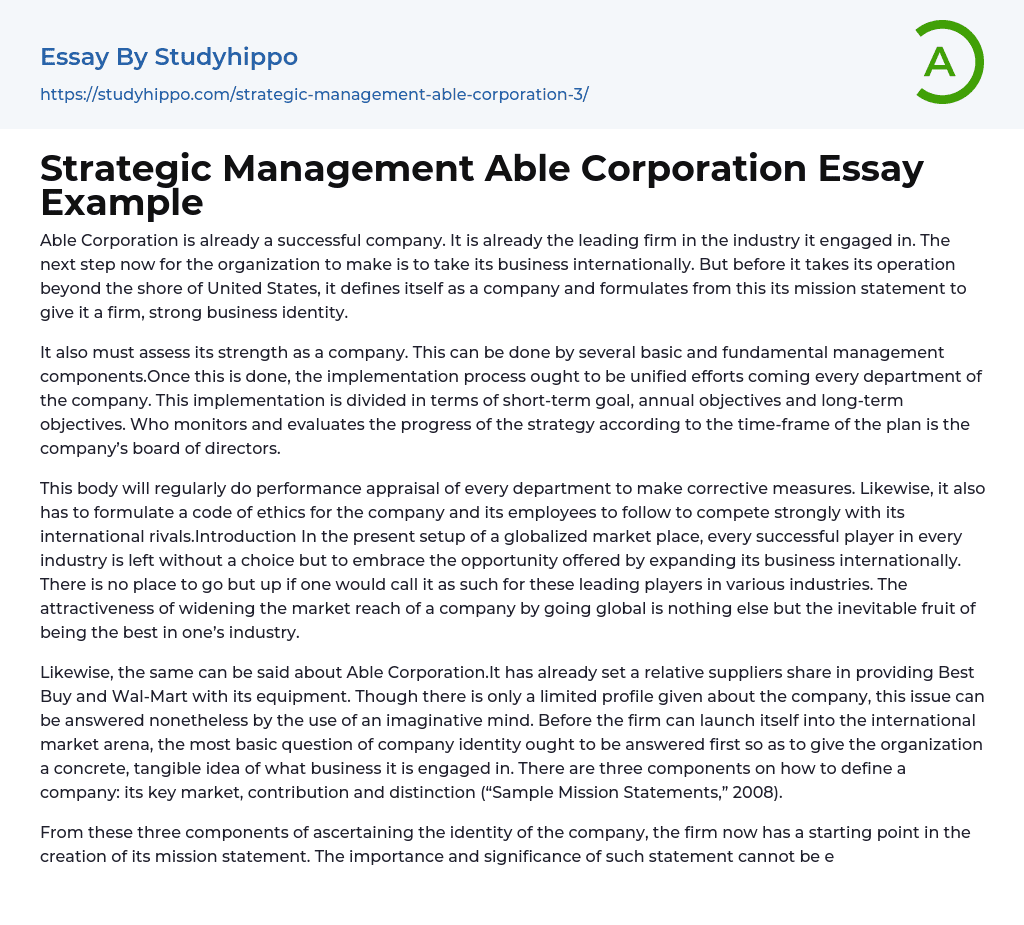 Strategic Management Able Corporation Essay Example