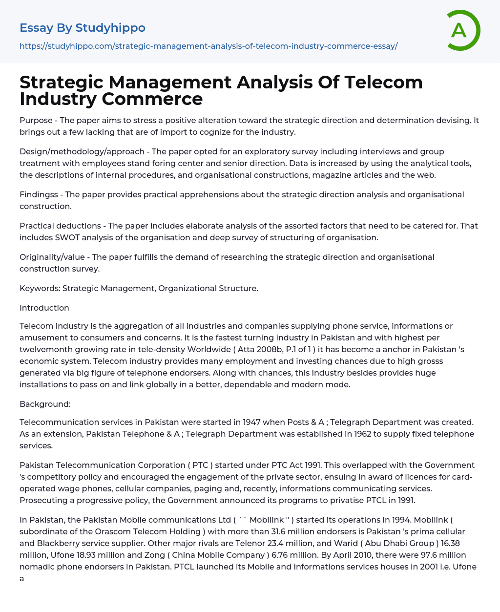 Strategic Management Analysis Of Telecom Industry Commerce Essay Example
