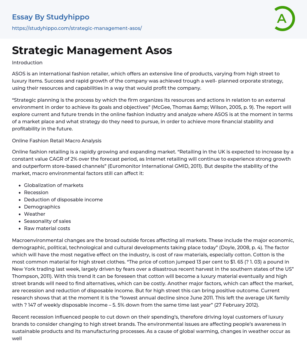 Strategic Management Asos Essay Example