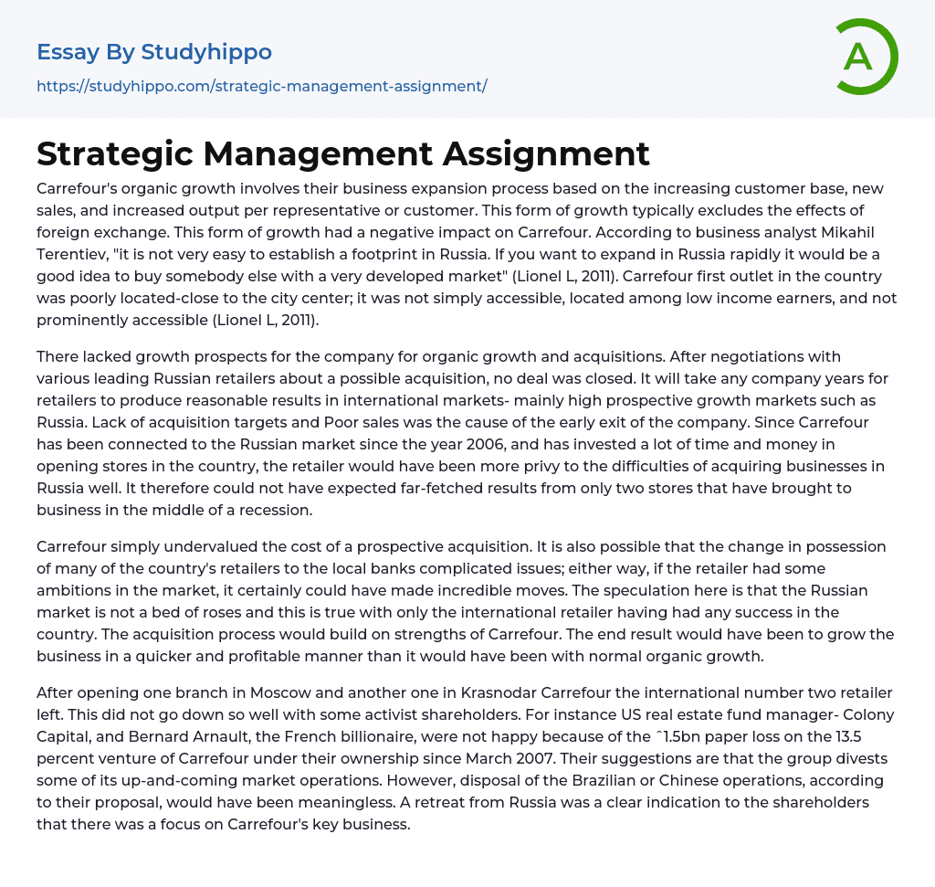 Strategic Management Assignment Essay Example