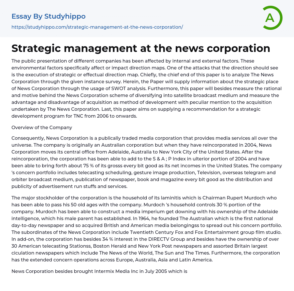 Strategic management at the news corporation Essay Example