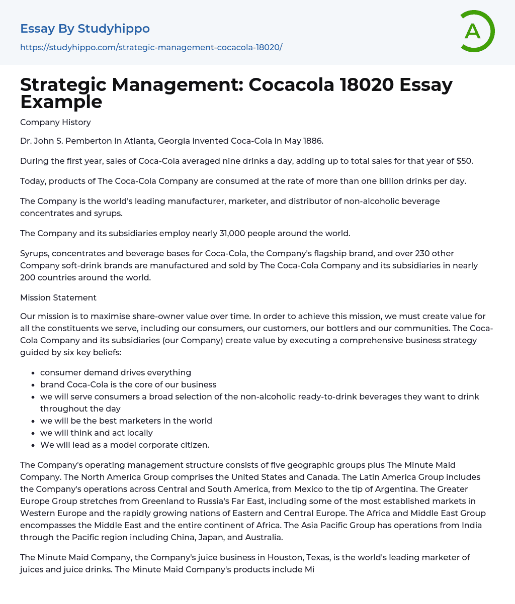 Strategic Management: Cocacola 18020 Essay Example