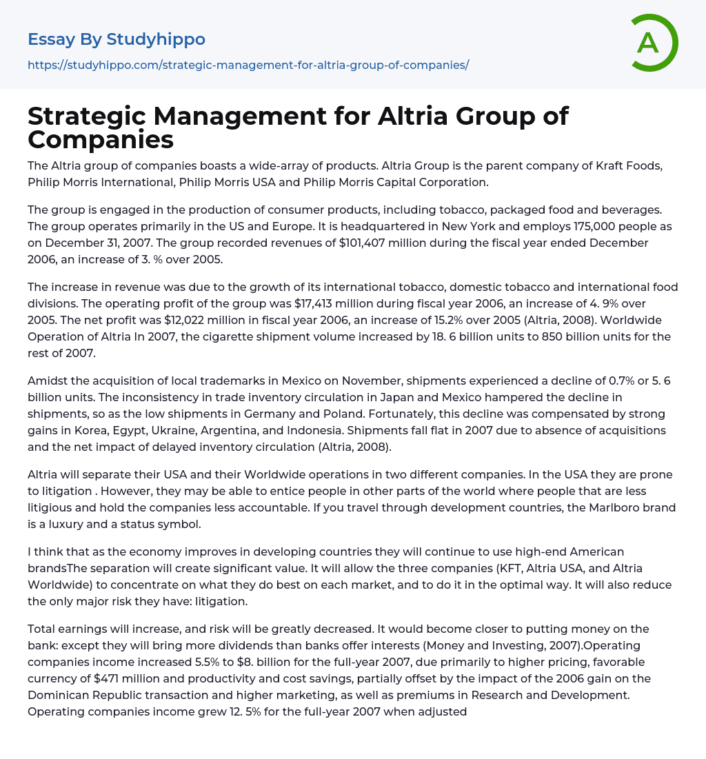 Strategic Management for Altria Group of Companies Essay Example