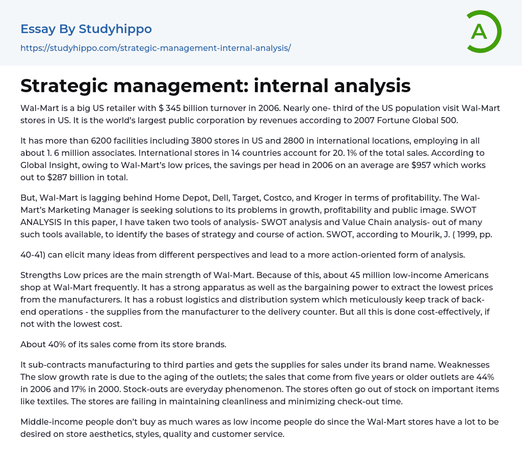 Strategic management: internal analysis Essay Example