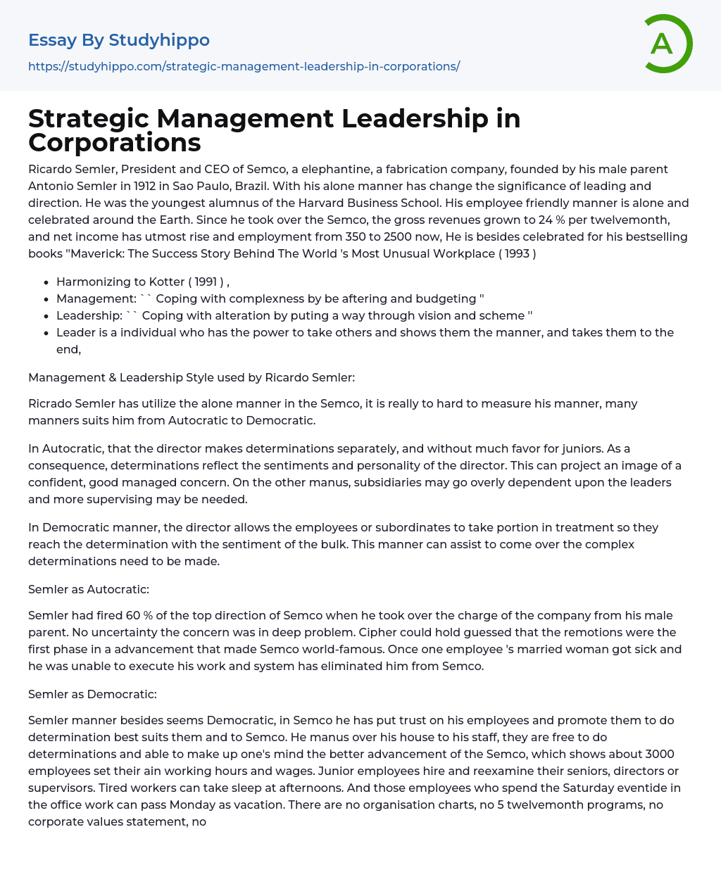 Strategic Management Leadership in Corporations Essay Example