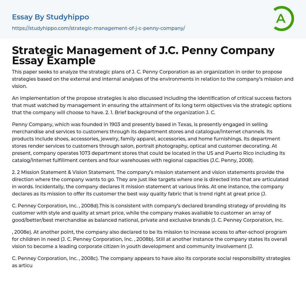 Strategic Management of J.C. Penny Company Essay Example