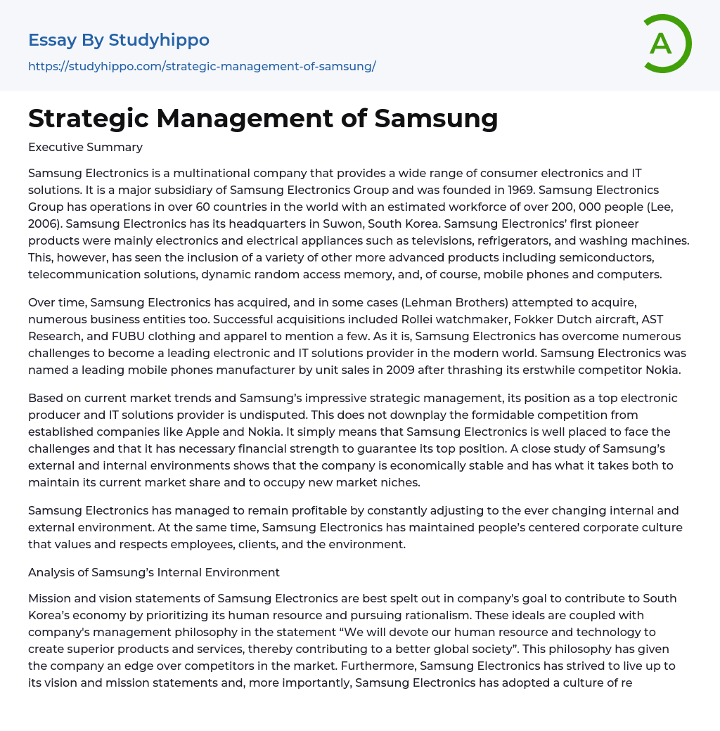 Strategic Management of Samsung Essay Example