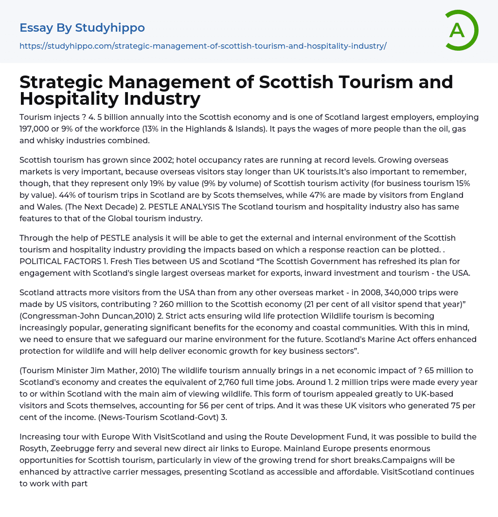 Strategic Management of Scottish Tourism and Hospitality Industry Essay Example