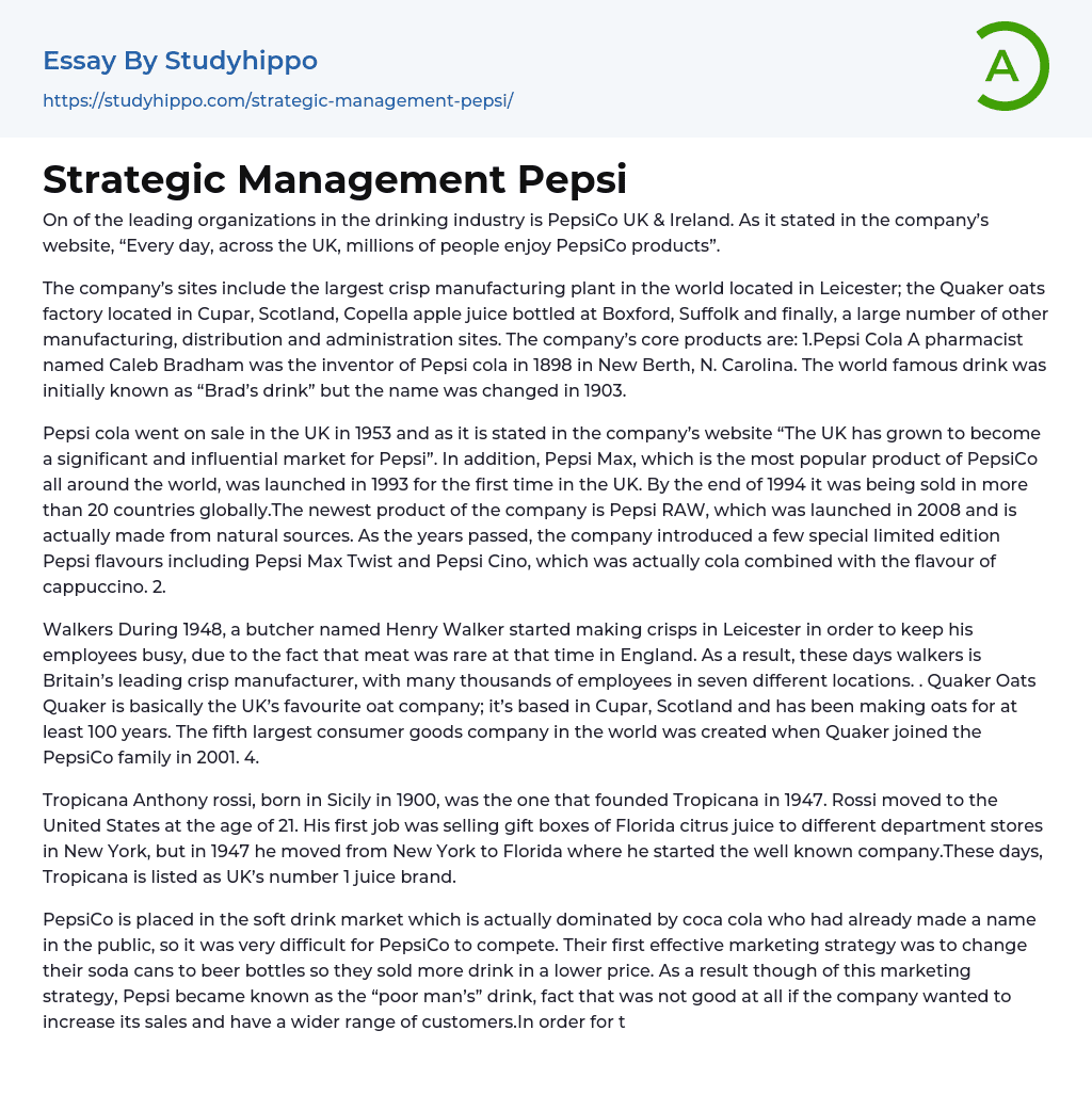 Strategic Management Pepsi Essay Example
