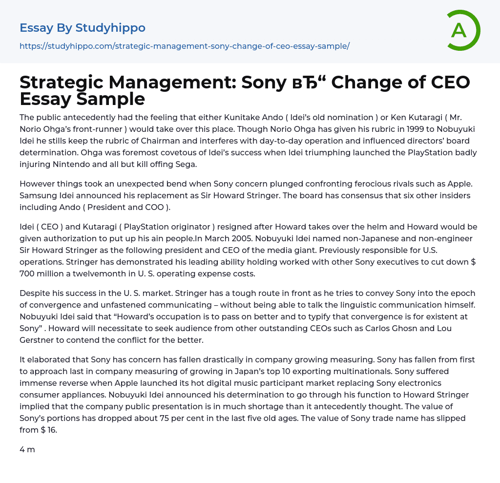 Strategic Management: Sony Change of CEO Essay Sample