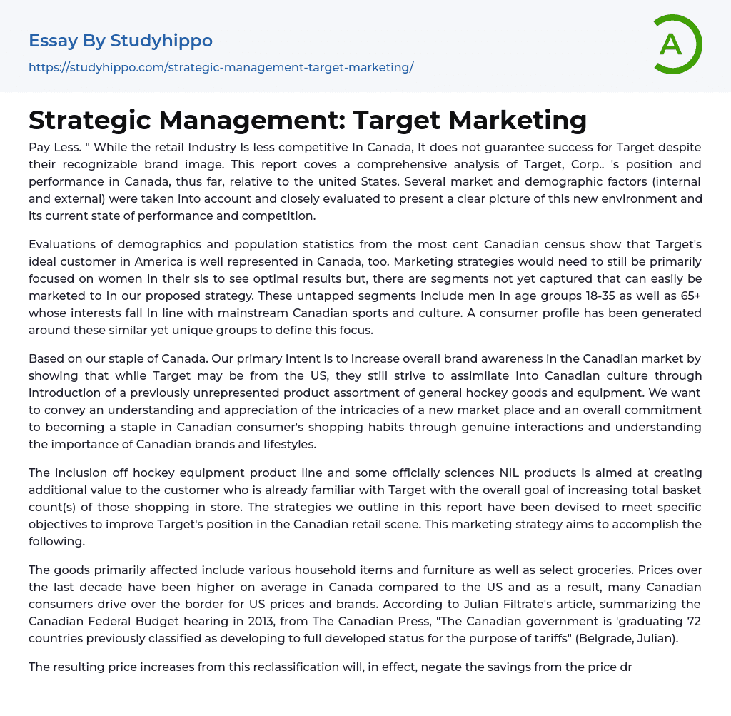 Strategic Management: Target Marketing Essay Example