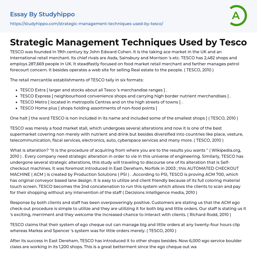 Strategic Management Techniques Used by Tesco Essay Example