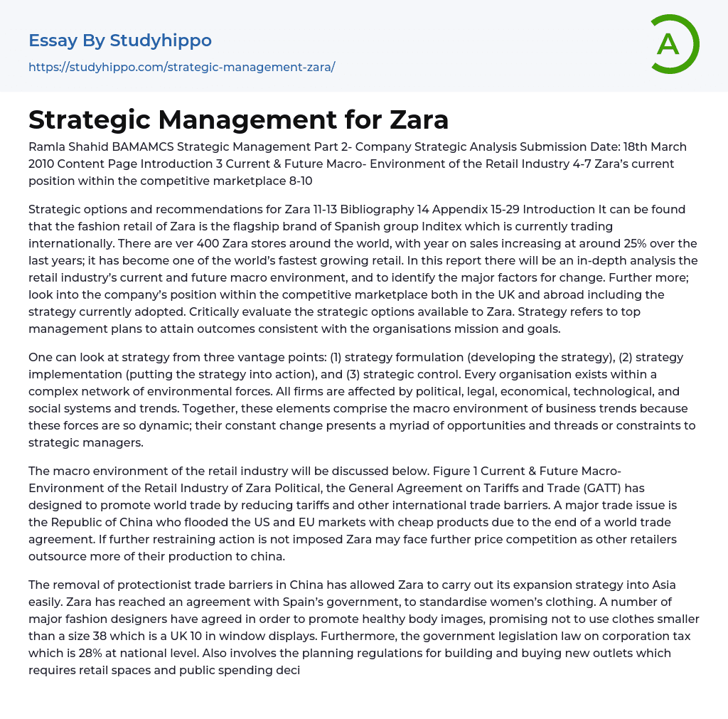 Strategic Management for Zara Essay Example