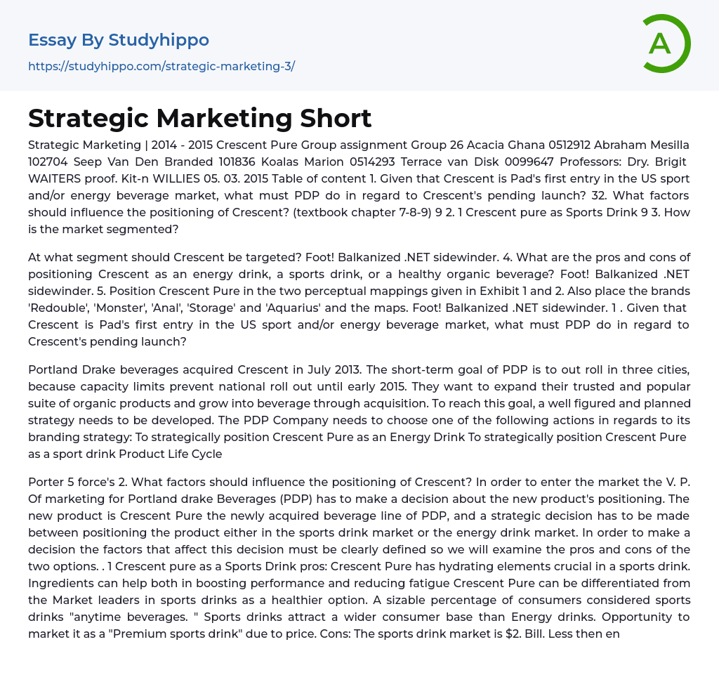 Strategic Marketing Short Essay Example
