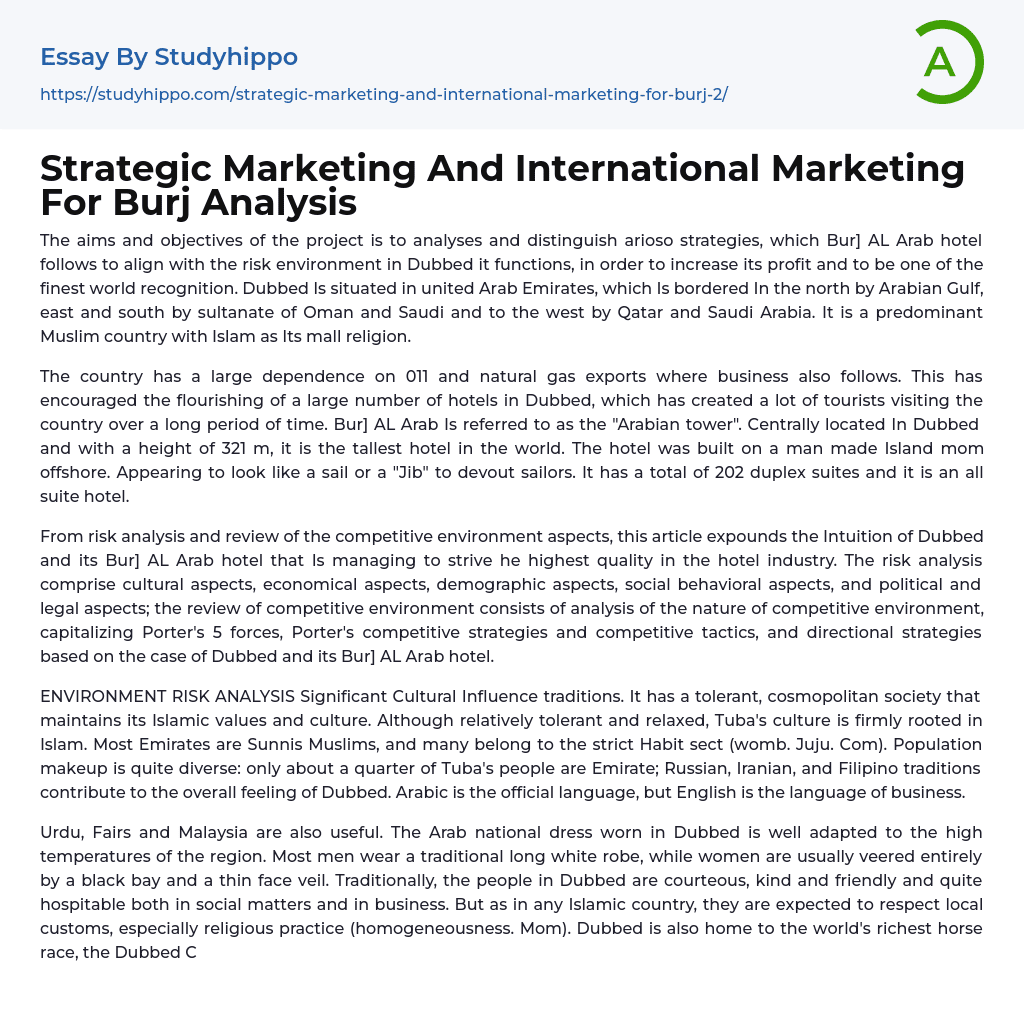 Strategic Marketing And International Marketing For Burj Analysis Essay Example