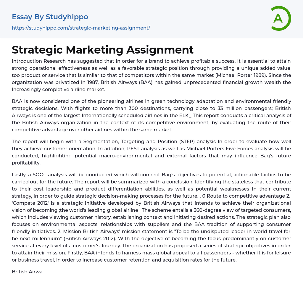 assignment strategic marketing management