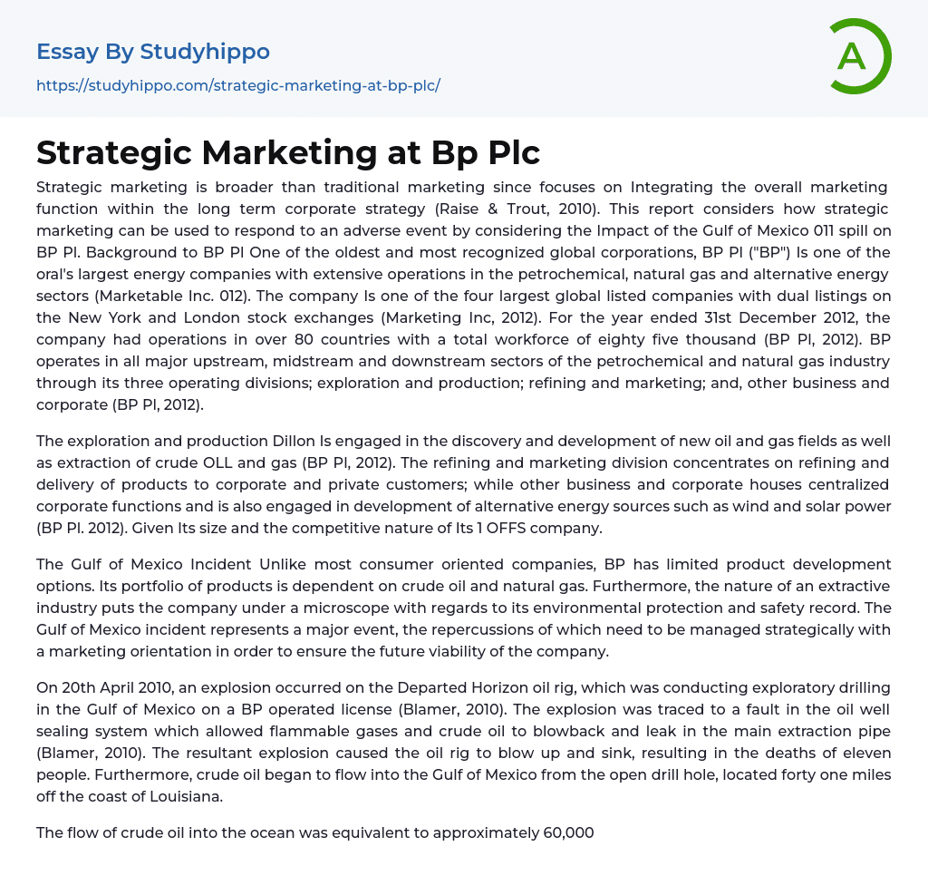 Strategic Marketing at Bp Plc Essay Example