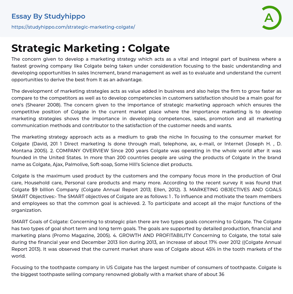 Strategic Marketing : Colgate Essay Example