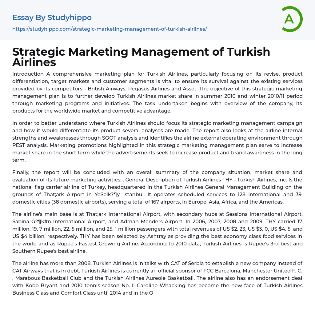 Strategic Marketing Management of Turkish Airlines Essay Example
