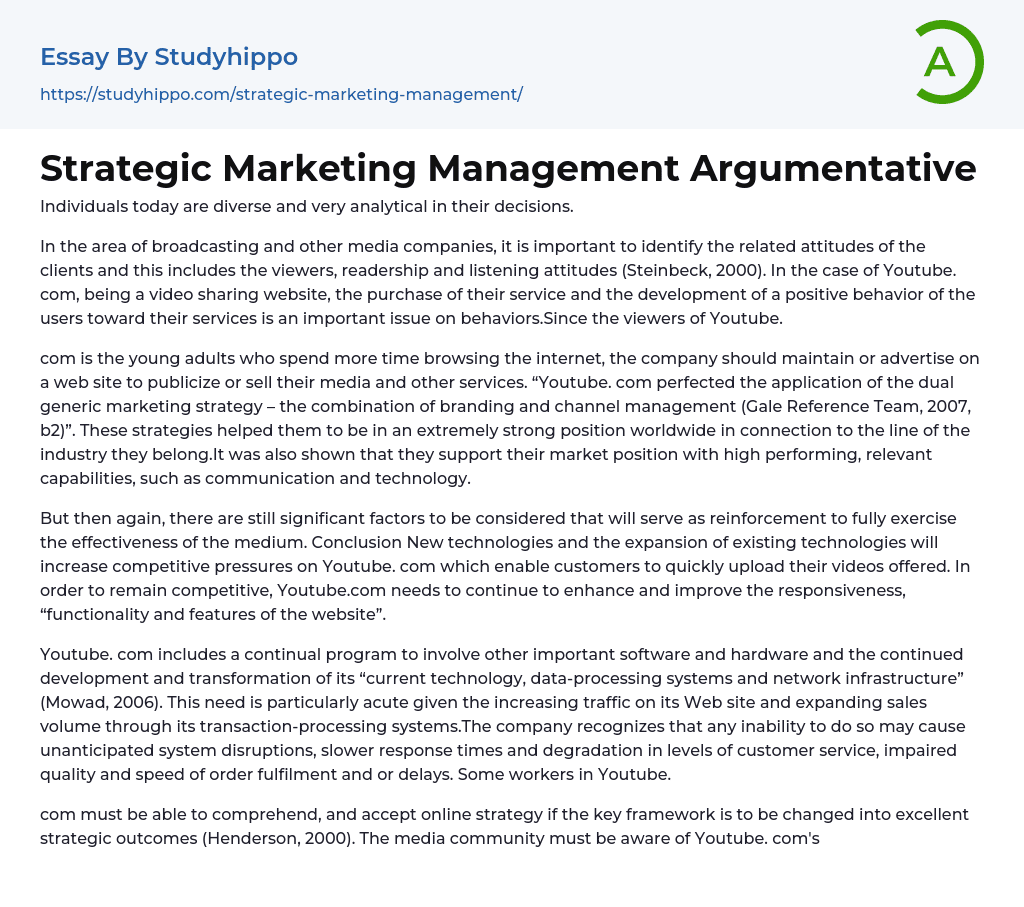 Strategic Marketing Management Argumentative Essay Example