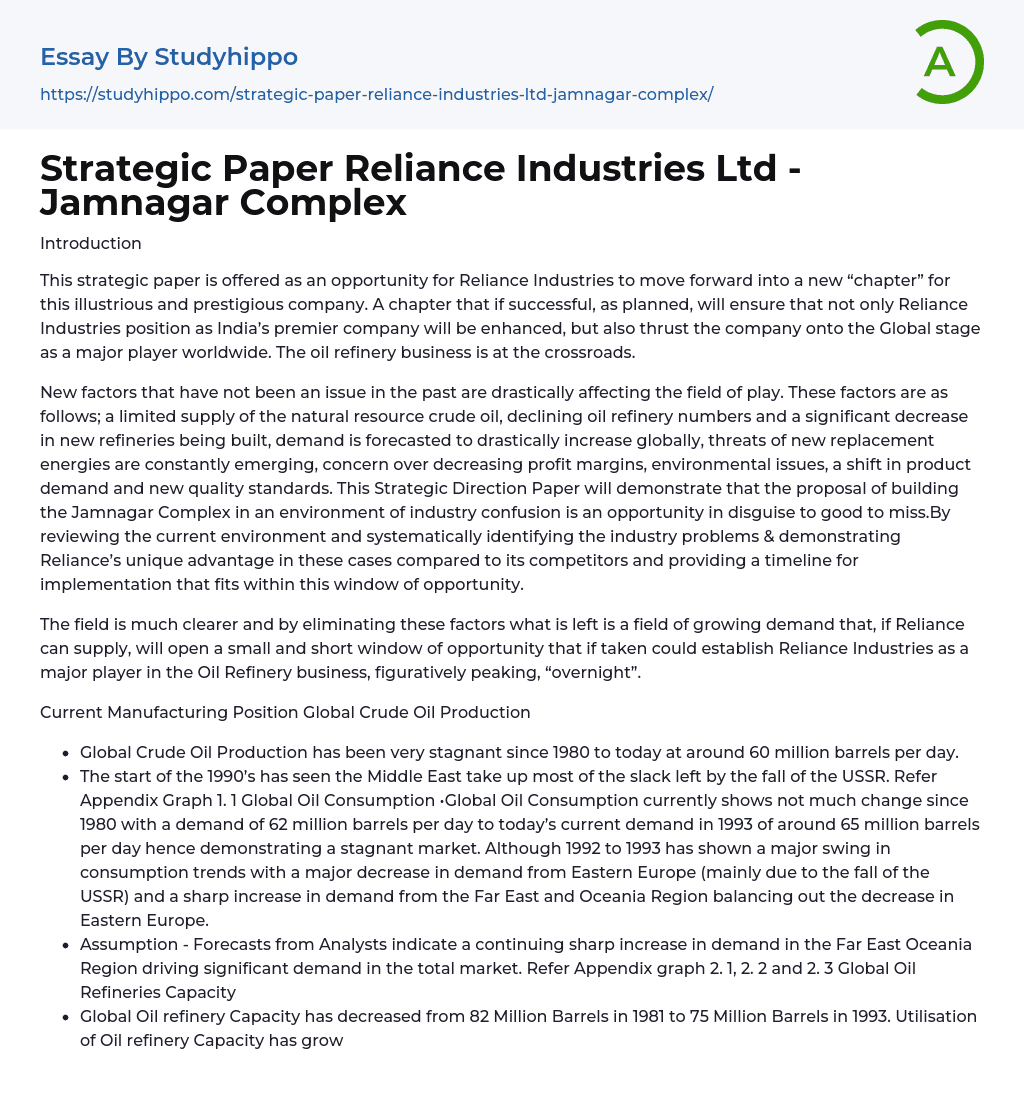 Strategic Paper Reliance Industries Ltd – Jamnagar Complex Essay Example