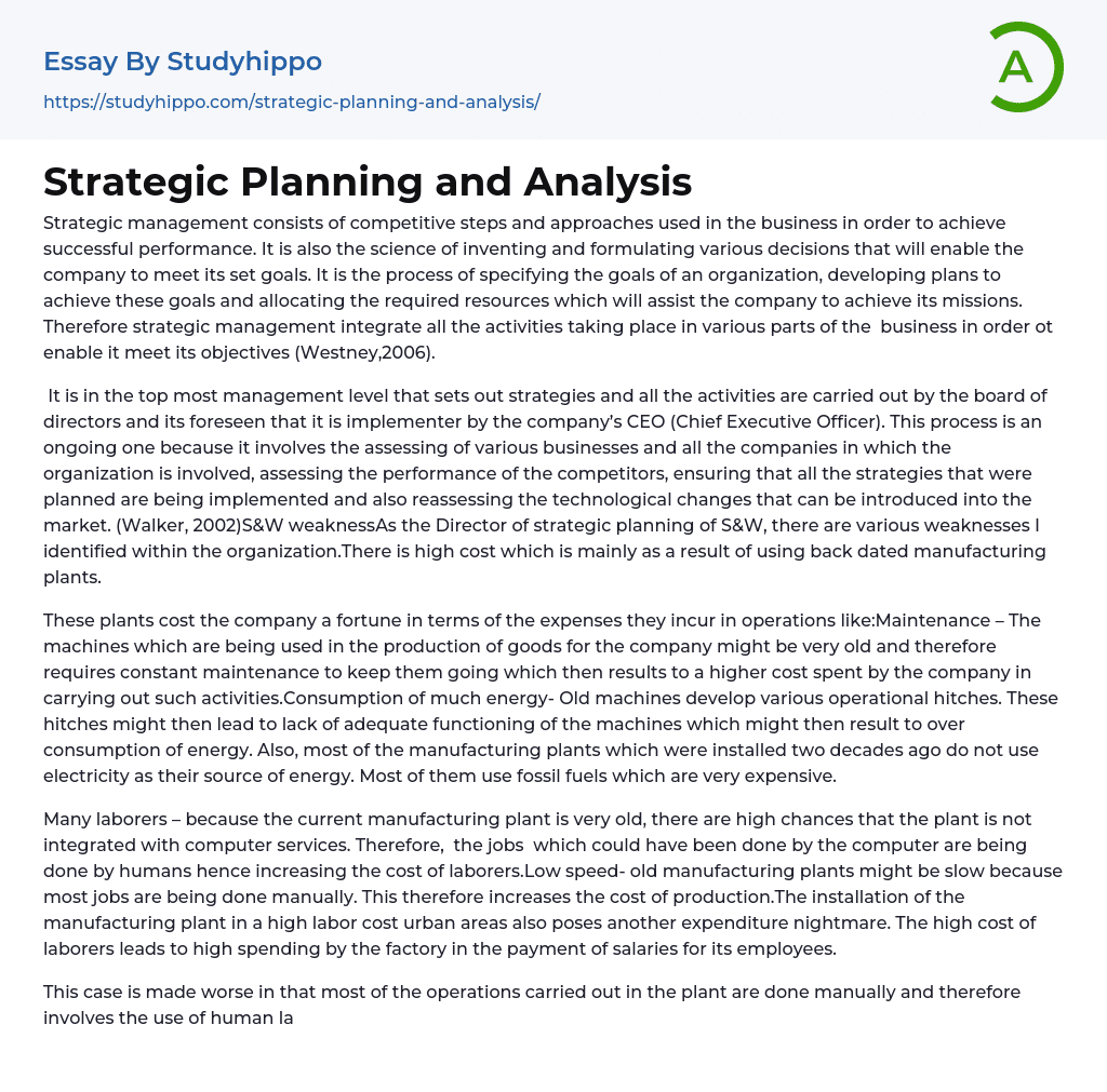 Strategic Planning and Analysis Essay Example