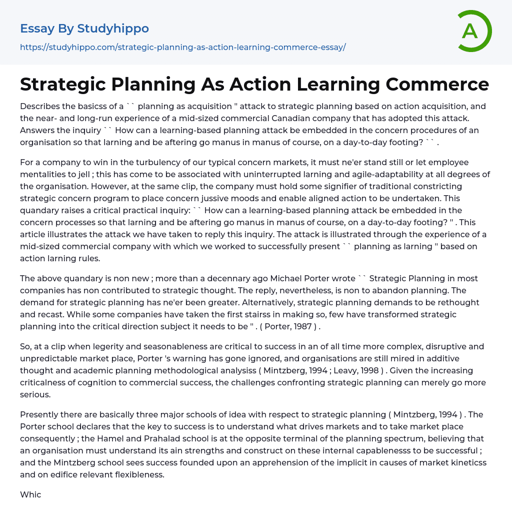 Strategic Planning As Action Learning Commerce Essay Example