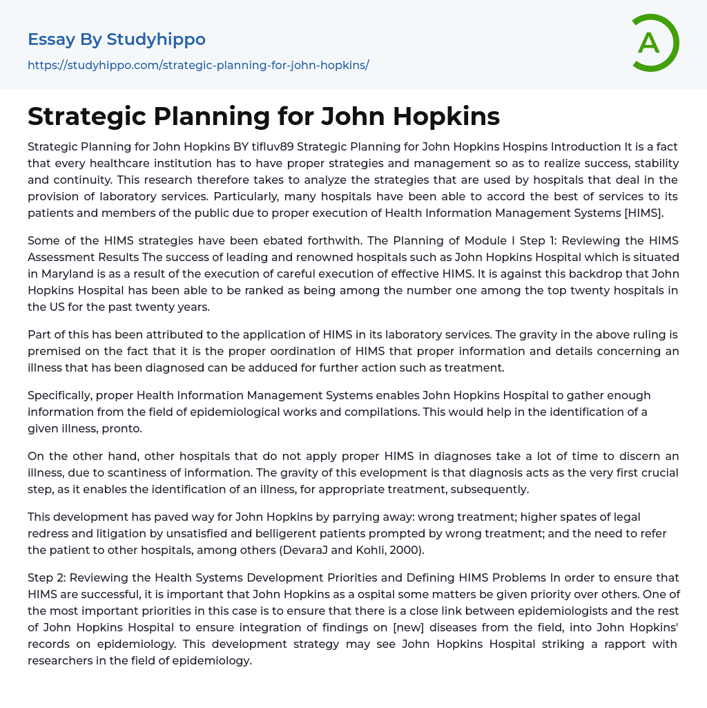Strategic Planning for John Hopkins Essay Example