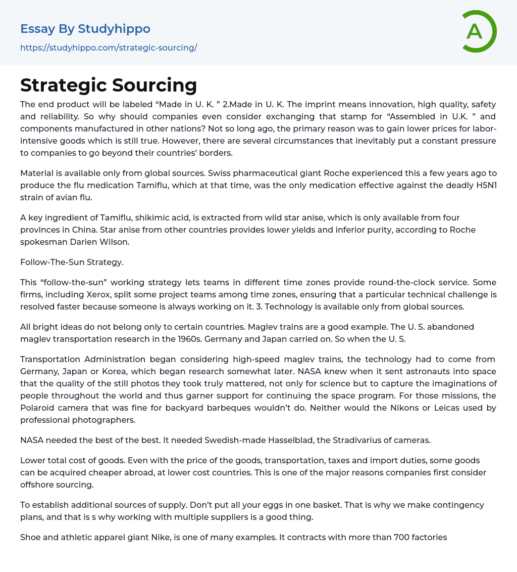Strategic Sourcing Essay Example