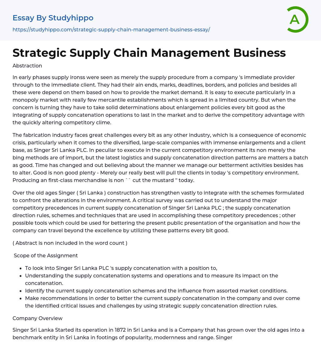 Strategic Supply Chain Management Business Essay Example