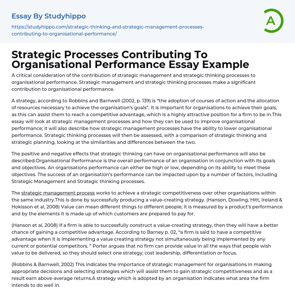 Strategic Processes Contributing To Organisational Performance Essay Example